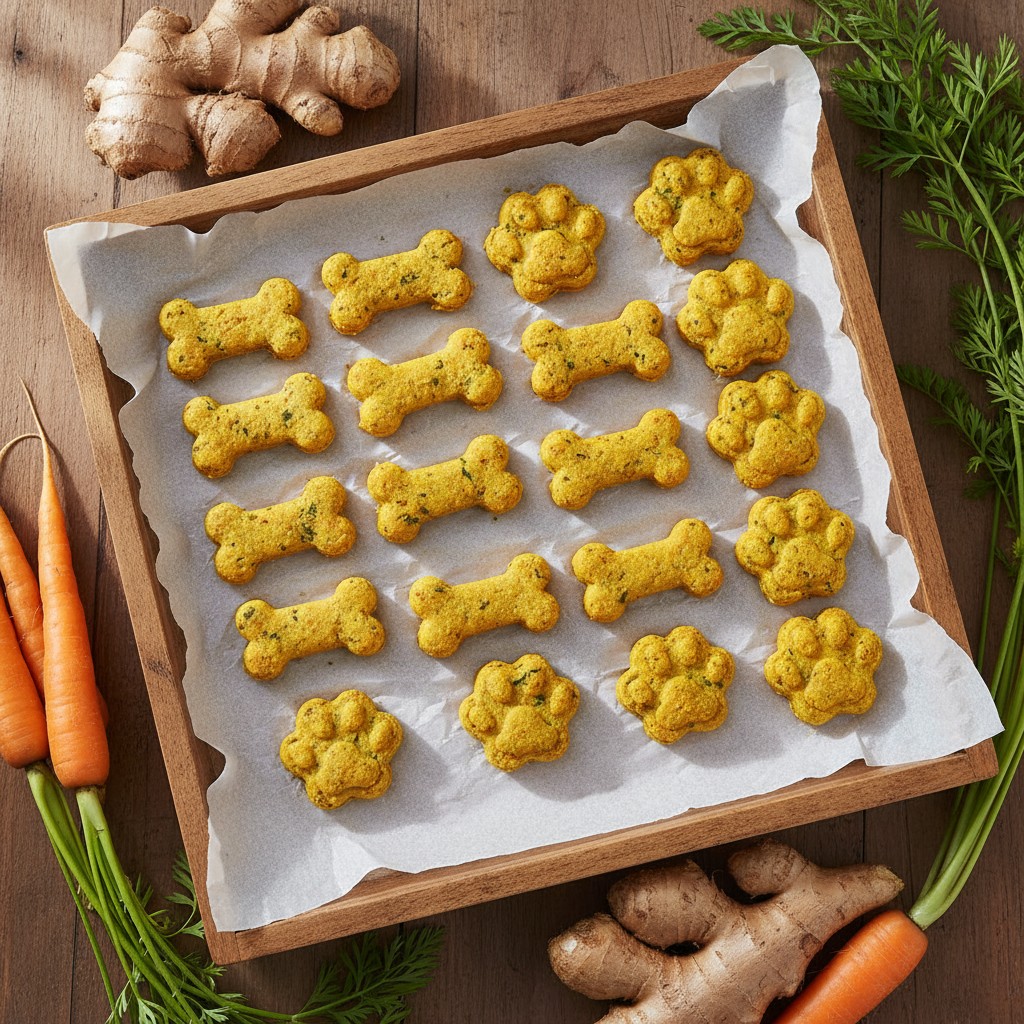 Popular pet treats are showcased on parchment paper on a wooden cutting board with added fresh vegetable stock and ginger;...