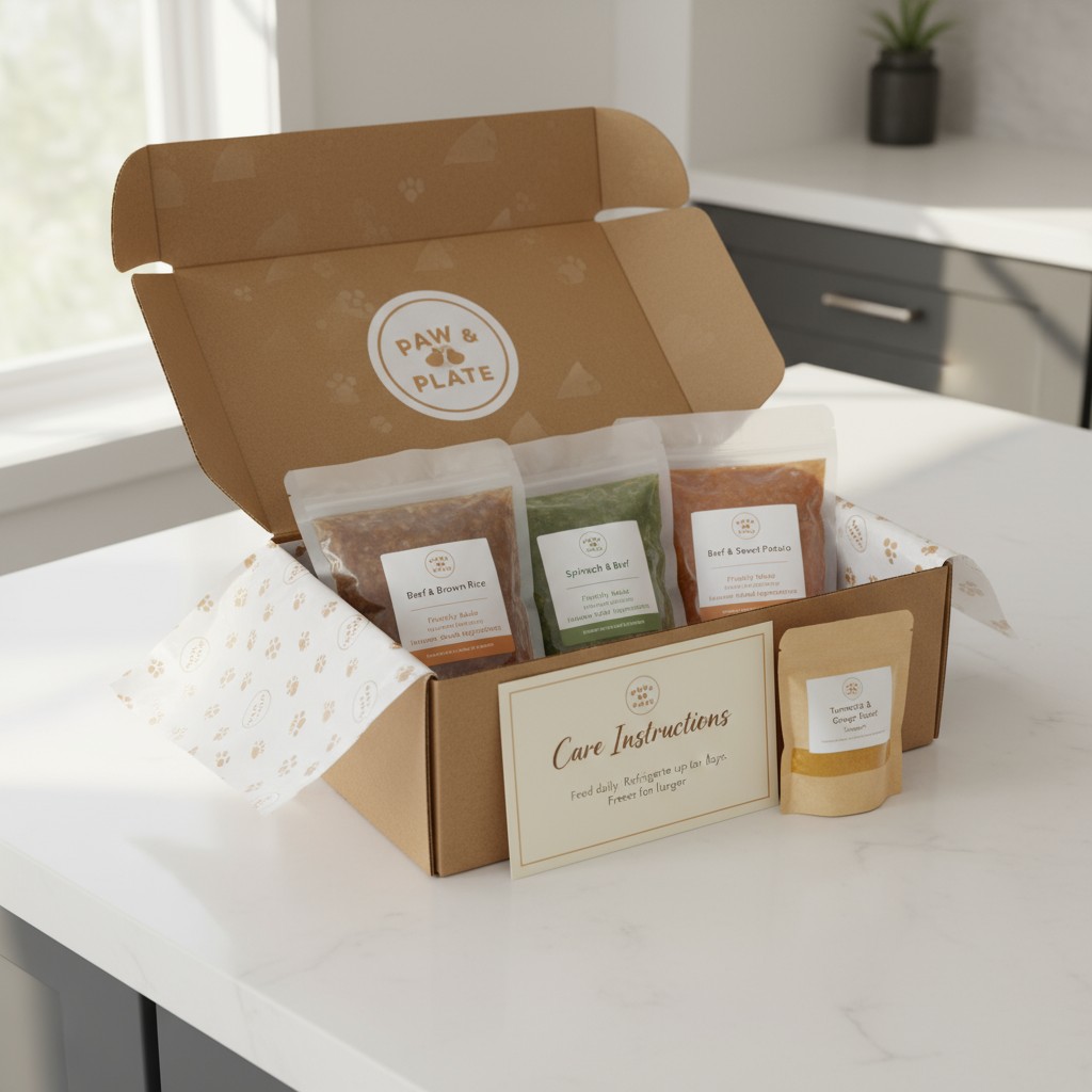 An open brown cardboard box, labeled "PAW & PLATE", with three frozen dog food packets inside, sits on a white marble coun...