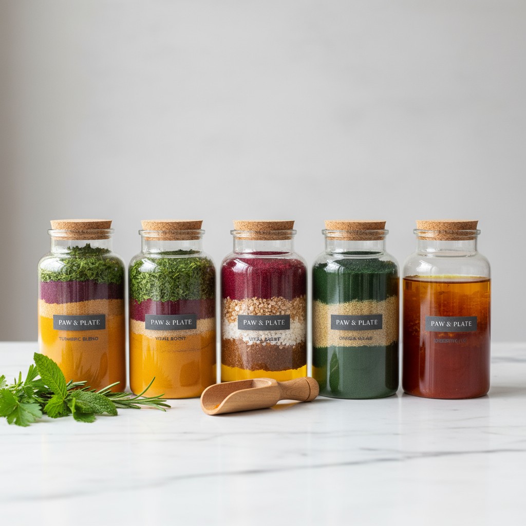 A collection of jars filled with various spices, each with a cork lid, displays a layered arrangement of different spices ...