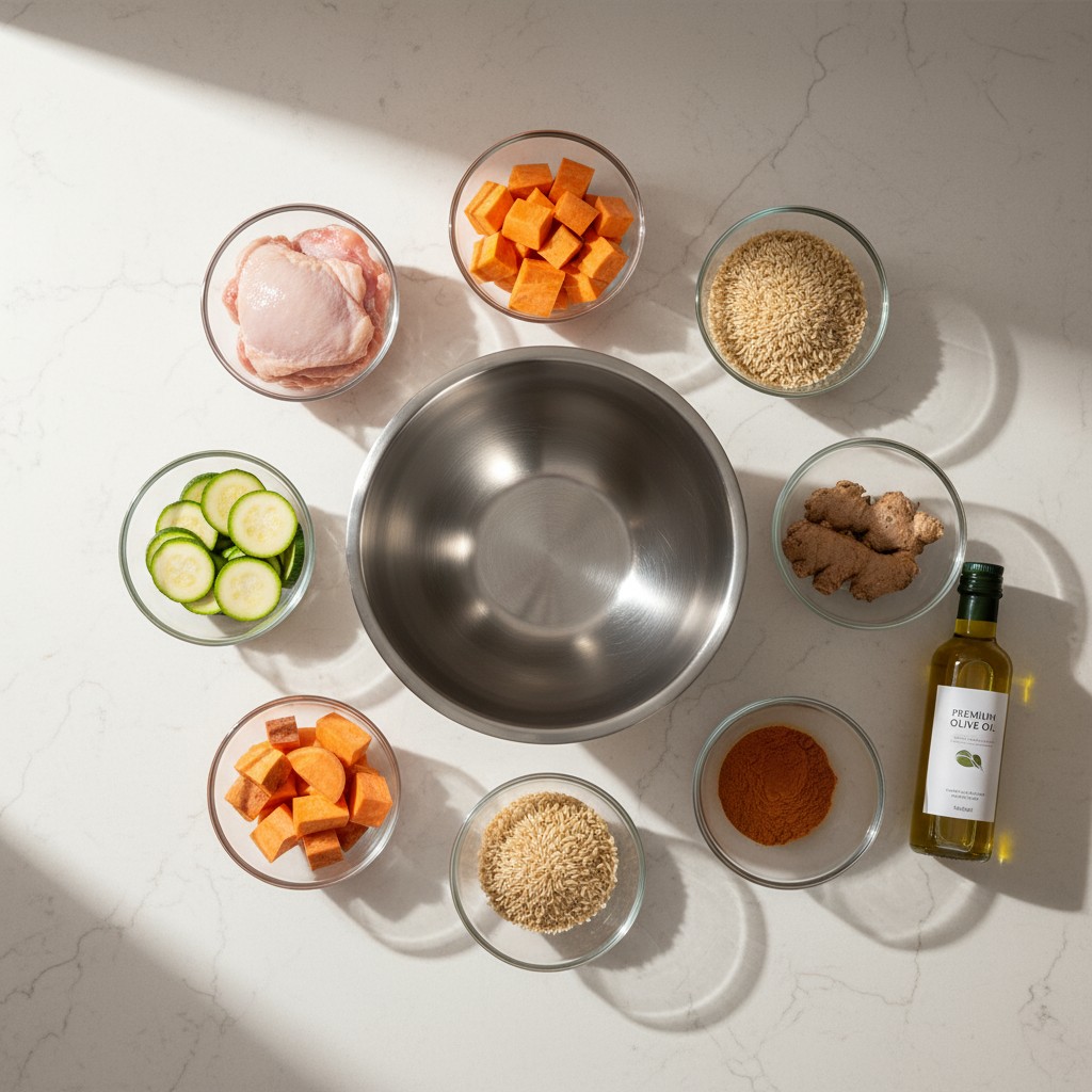 A collection of nine glass bowls containing various ingredients, including chicken, zucchini, sweet potatoes, rice, olive ...